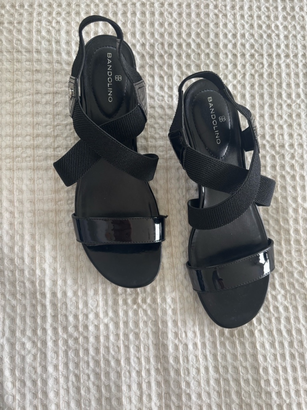 Bandolino Black Patent & Elastic Crossover Sandals